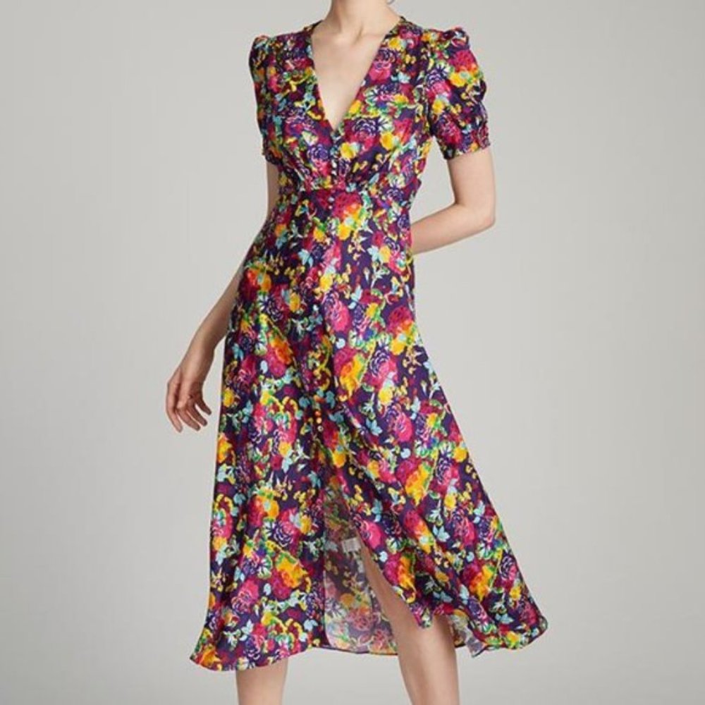 Saloni Lea Silk Floral Midi Dress Camellia Size 0